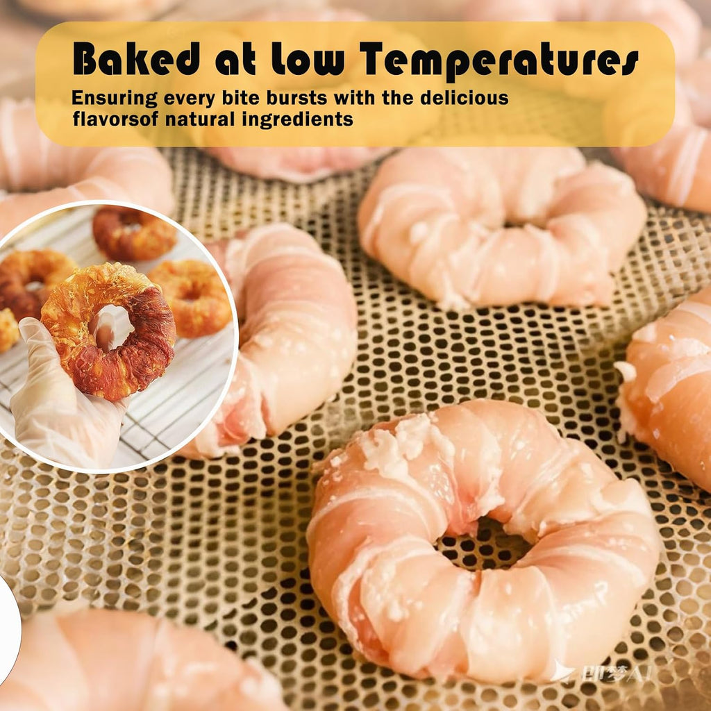 Premium raw hide donut treats suitable for small and large dog breeds.