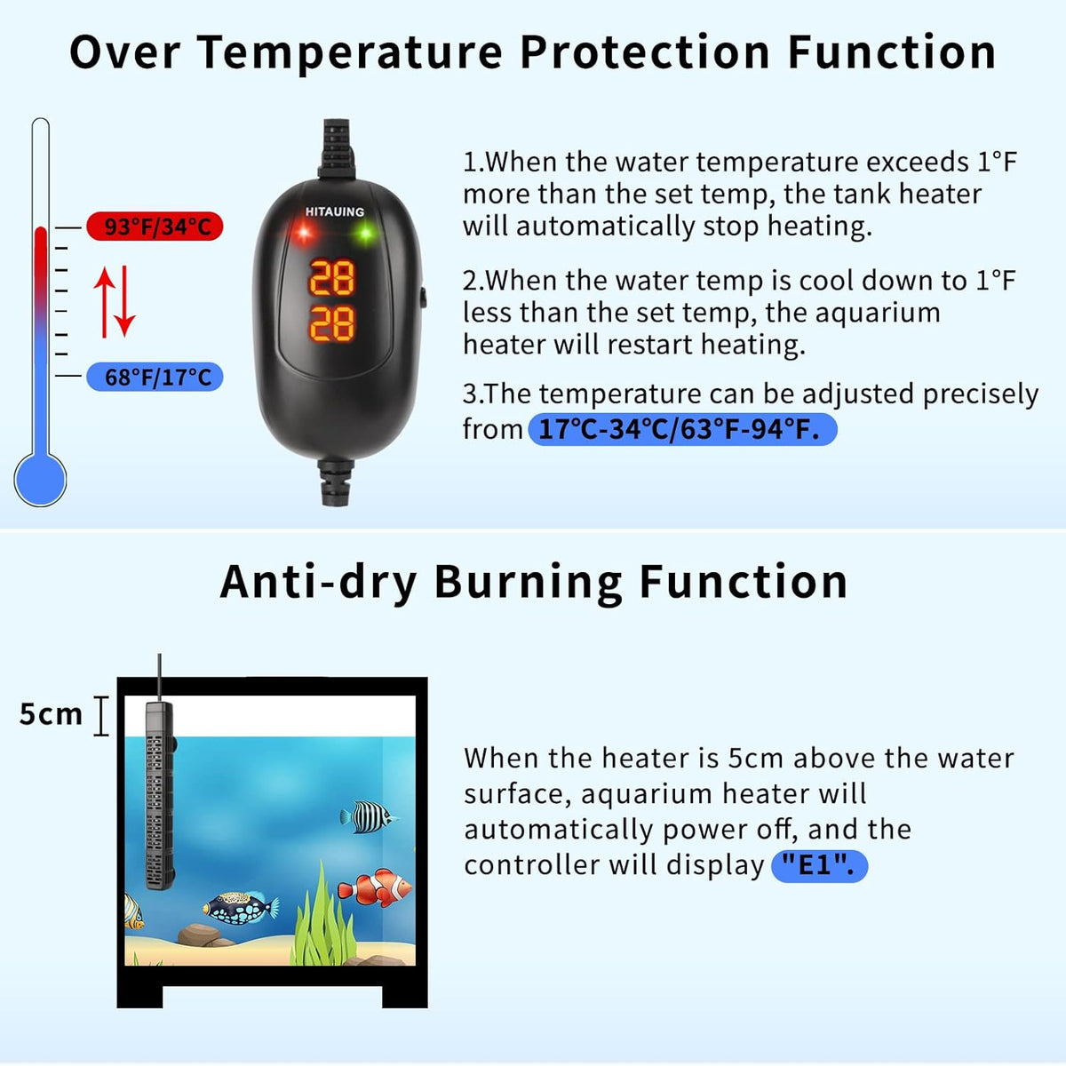 HiTauing Submersible Aquarium Heater front view with digital controller.