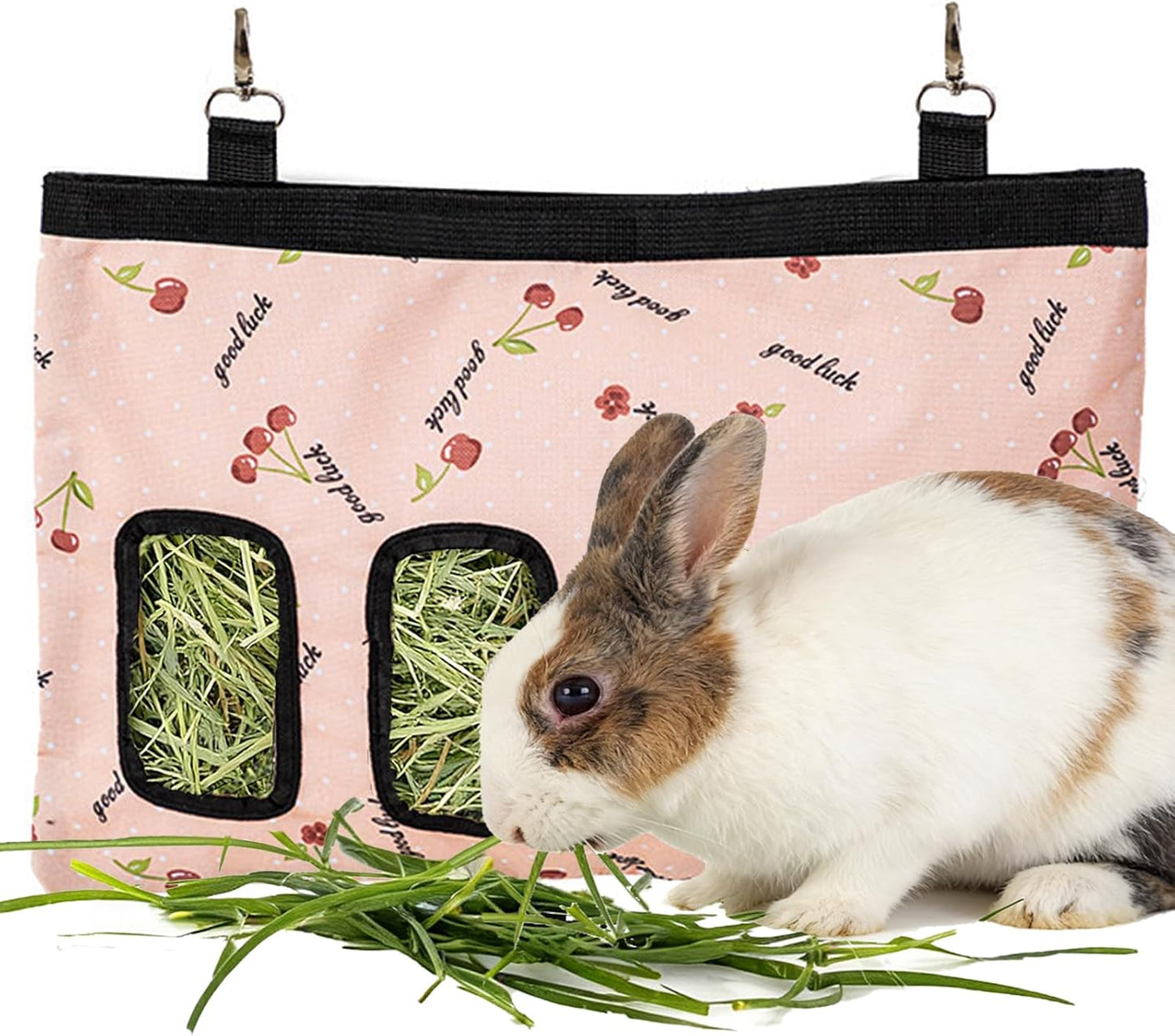 Rabbit Hanging Hay Feeder Bag Large Capacity Small Animal Hay Dispenser 600D Oxford Cloth Rabbit Hay Storage Bag for Bunnies Guinea Pigs Chinchillas (Black) - Image 7