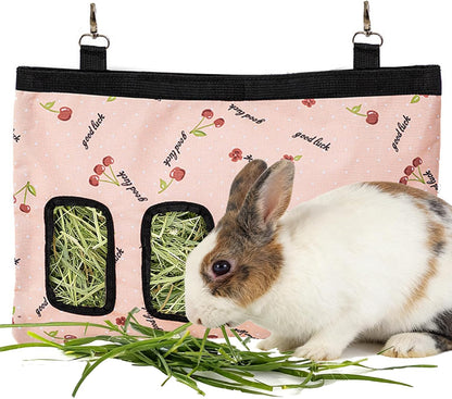 Rabbit Hanging Hay Feeder Bag Large Capacity Small Animal Hay Dispenser 600D Oxford Cloth Rabbit Hay Storage Bag for Bunnies Guinea Pigs Chinchillas (Black) - Image 7