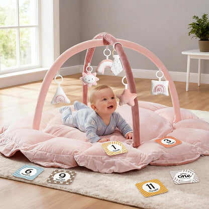 Mallify 5-in-1 Thick Plush Baby Play Gym Mat pink front view showing arches and hanging toys.