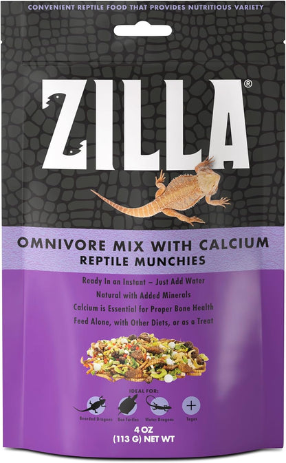 Zilla reptile munchies omnivore mix with calcium four ounce front packaging view