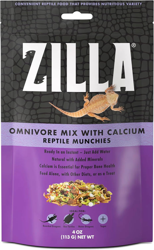 Zilla reptile munchies omnivore mix with calcium four ounce front packaging view
