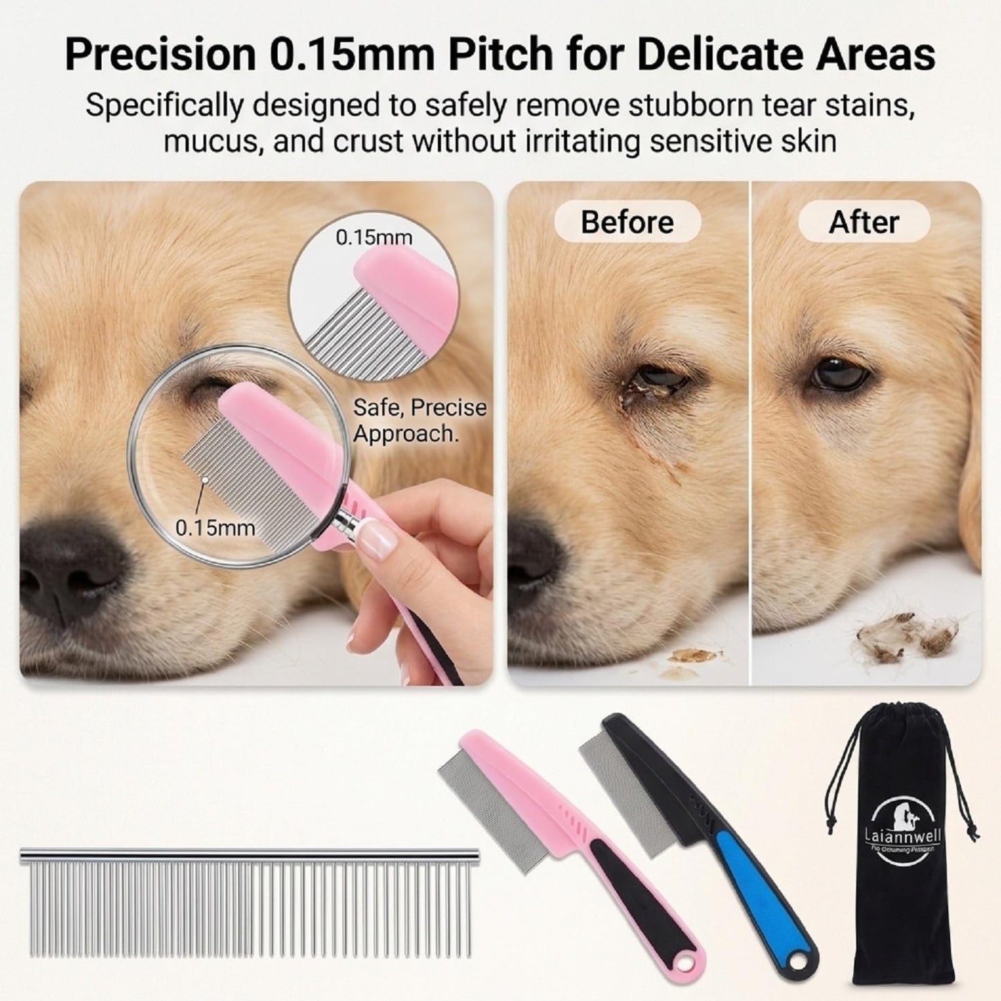 Multi pack grooming tools demonstrating wide and fine teeth spacing for detangling.