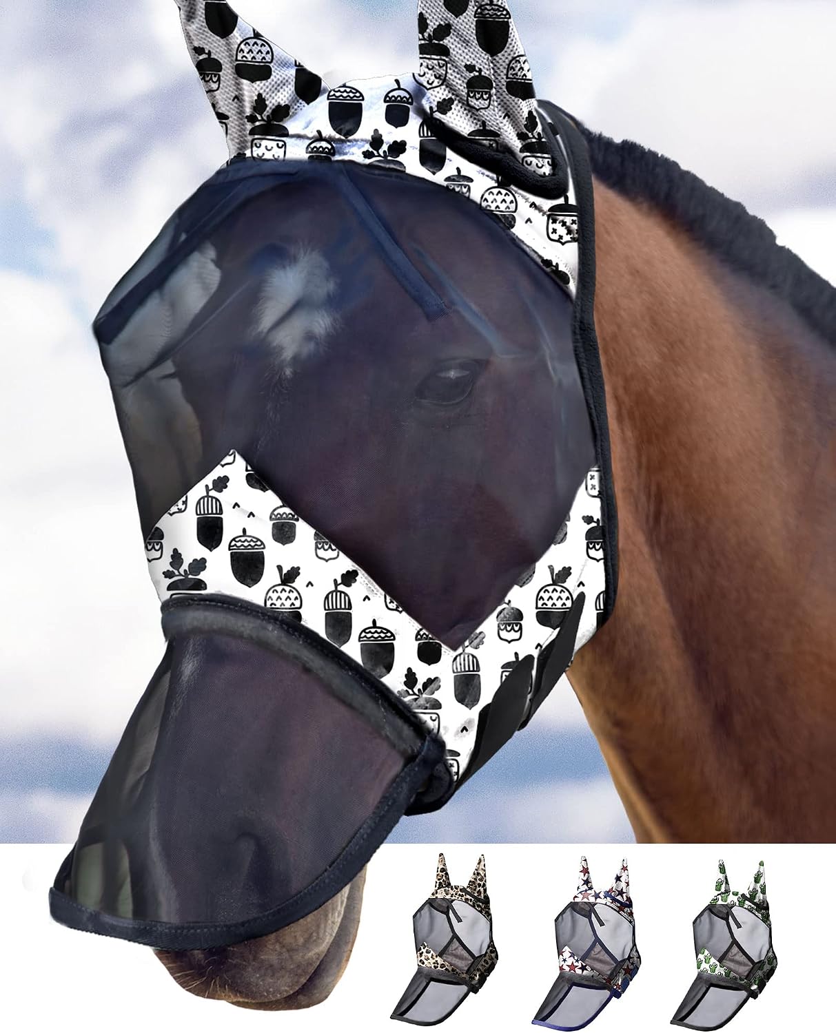 Harrison Howard LumiVista Horse Fly Mask Long Nose with Ears UV Protection for Horse Leopard Print M Cob - Image 6