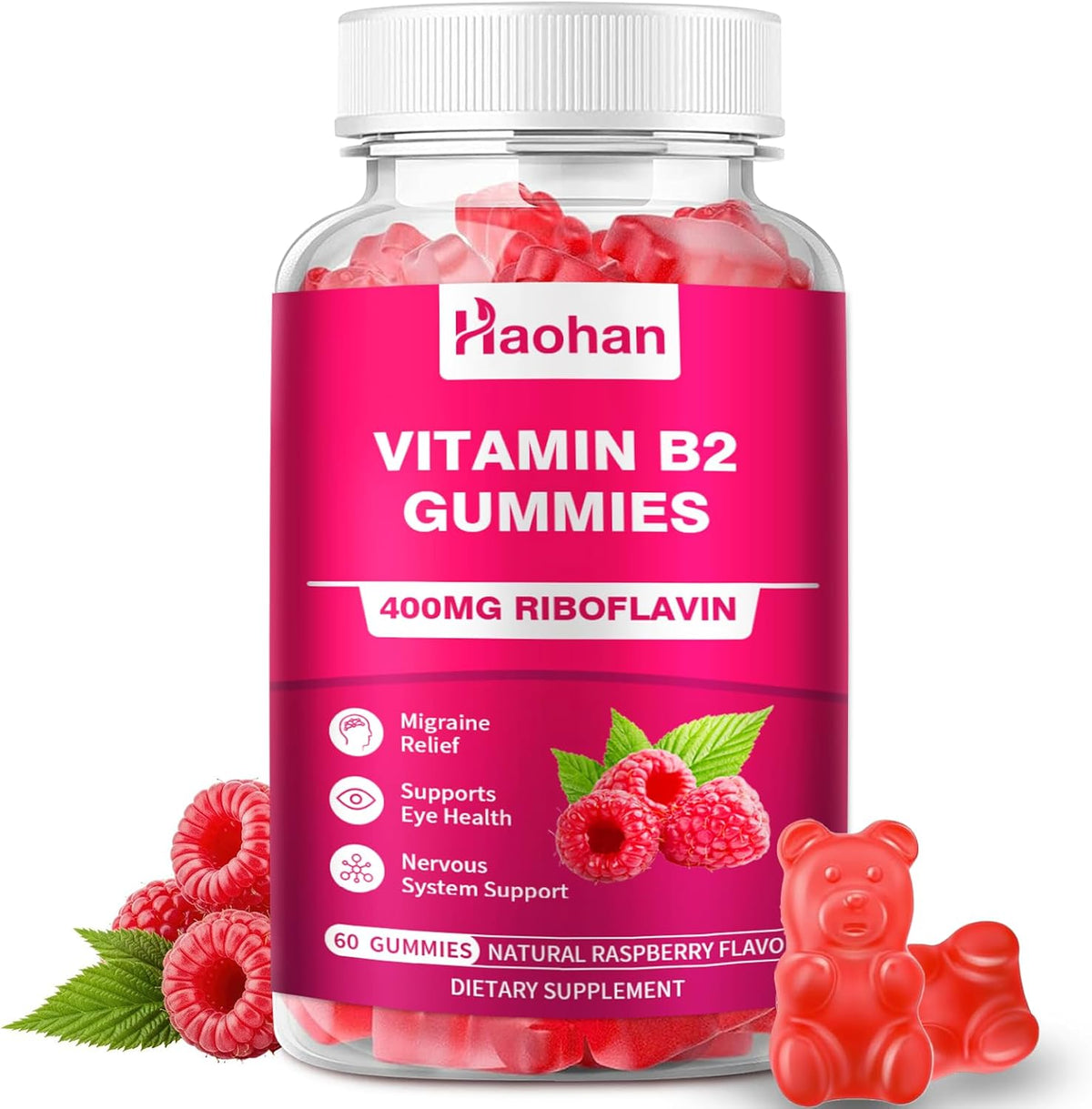 Haohan Vitamin B2 400mg with Magnesium Gummies front view for migraine relief.