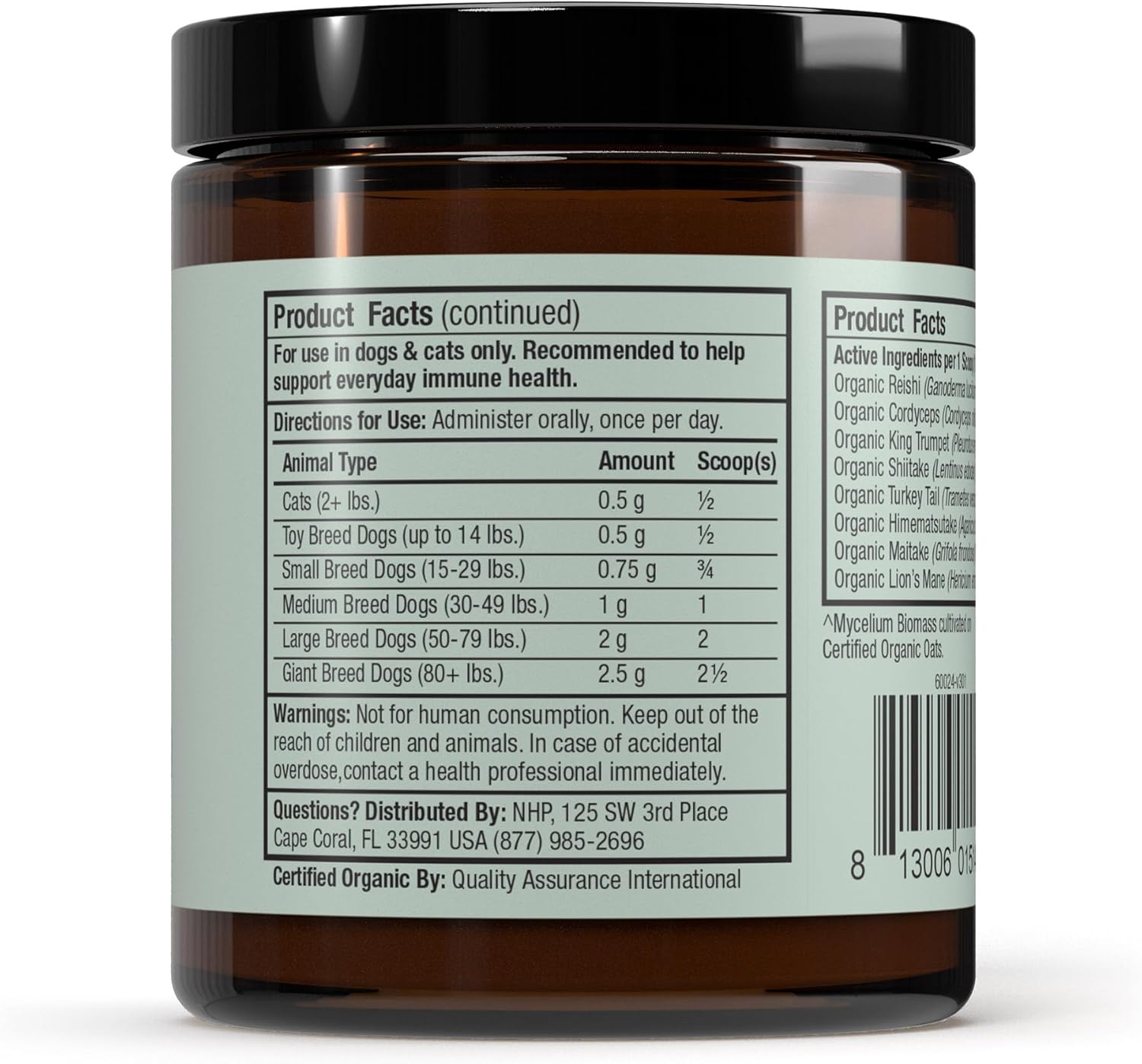 Back view of Bark and Whiskers fermented mushroom blend container detailing the 60 scoops serving facts.