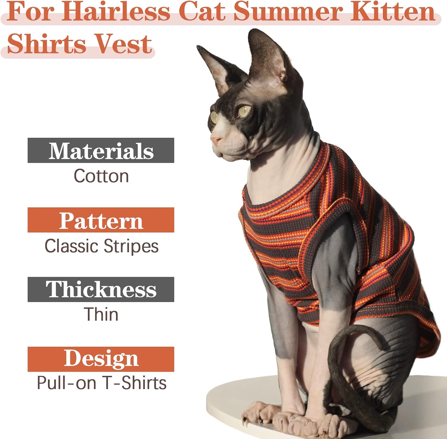 Side view of Sphynx cat wearing soft cotton striped t-shirt