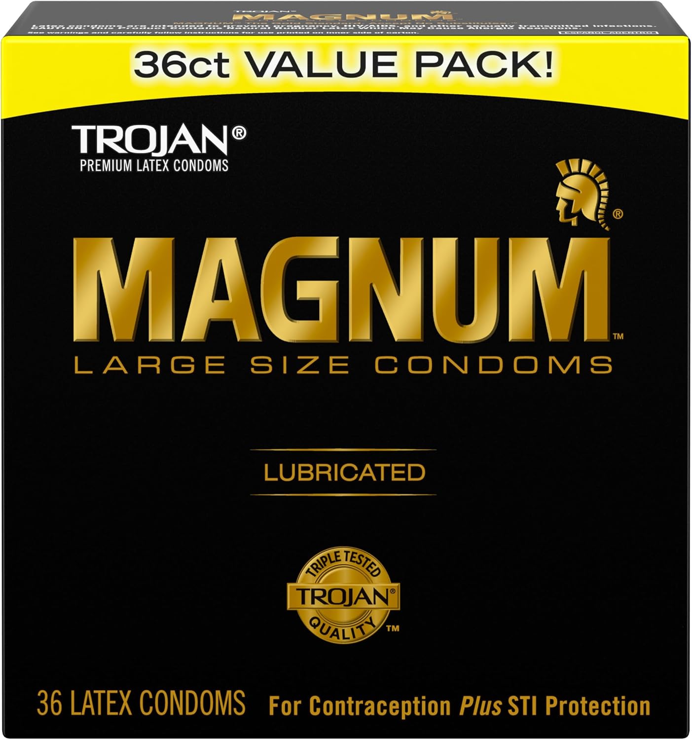 Trojan Magnum Lubricated Large Size Condoms 36 Count box front view showcasing authentic premium packaging.