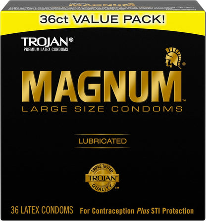 Trojan Magnum Lubricated Large Size Condoms 36 Count box front view showcasing authentic premium packaging.