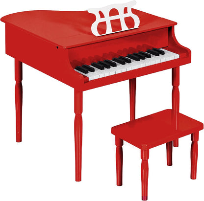 Best Choice Products Kids Classic Wooden Mini Grand Piano in red front view showcasing thirty keys and matching bench.
