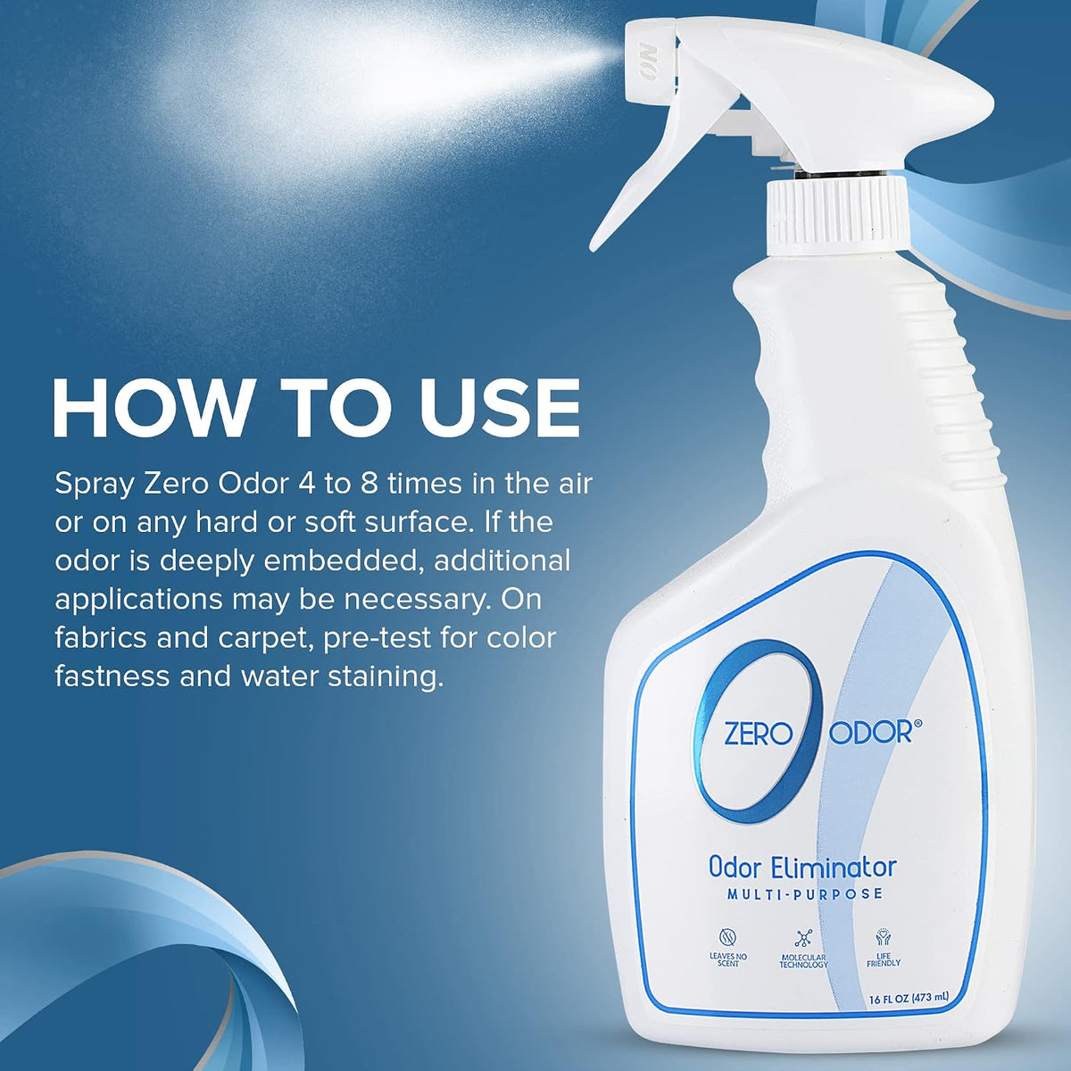 Zero Odor trigger spray bottle highlighting the unscented biodegradable formula details.
