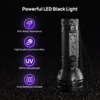 Consciot portable UV light tracking dried pet urine stains on a living room carpet.