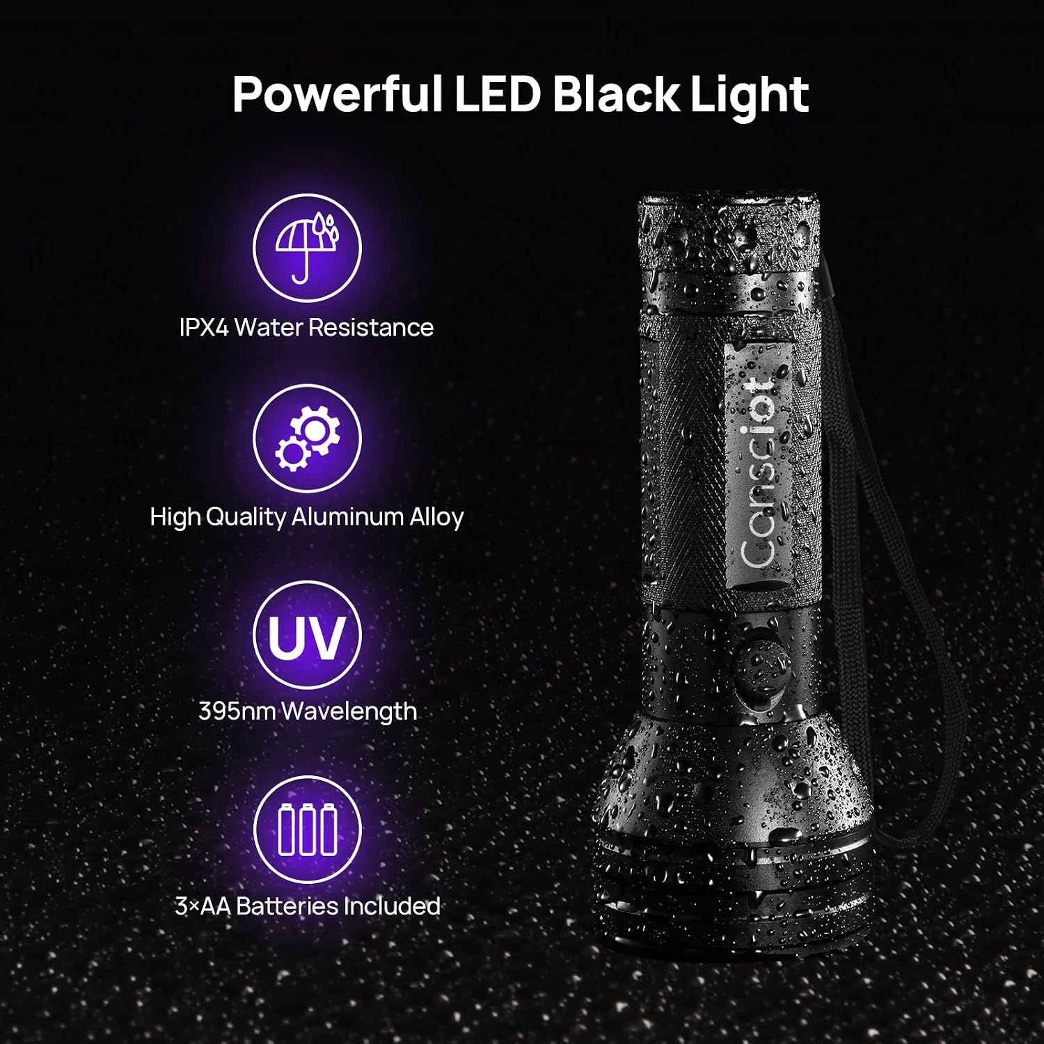 Consciot portable UV light tracking dried pet urine stains on a living room carpet.