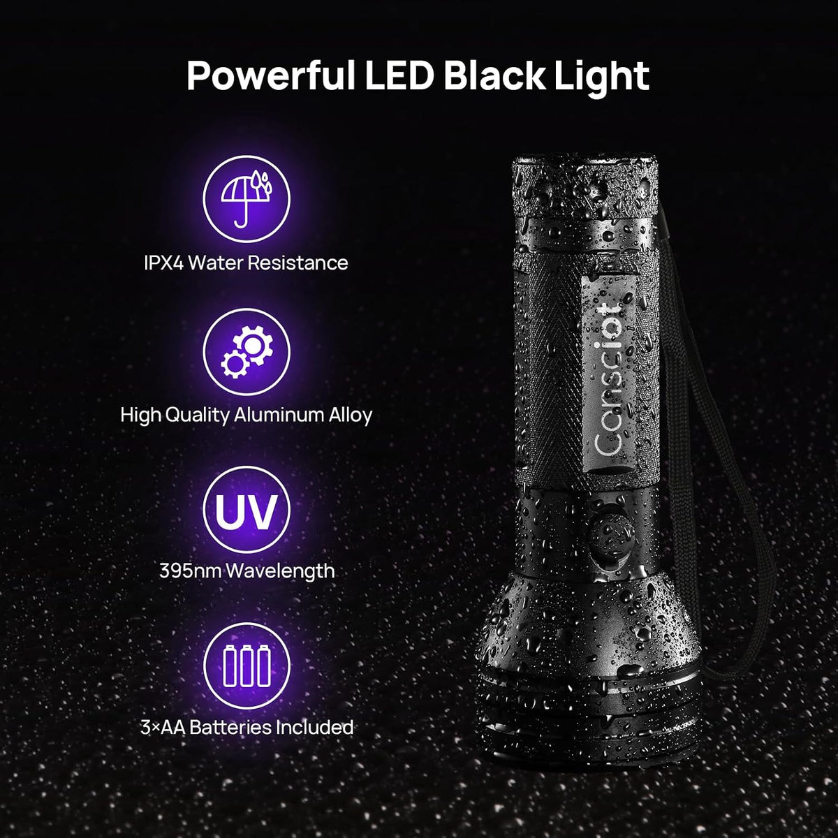 Consciot portable UV light tracking dried pet urine stains on a living room carpet.