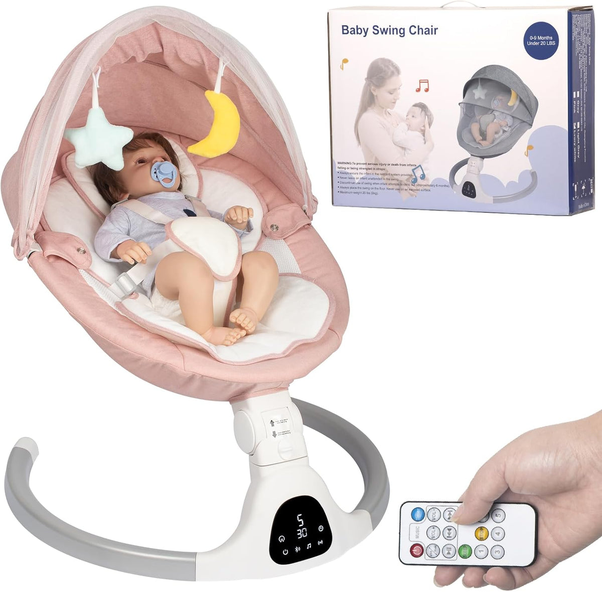 JFOVMCYG electric baby swing pink front view with hanging toys