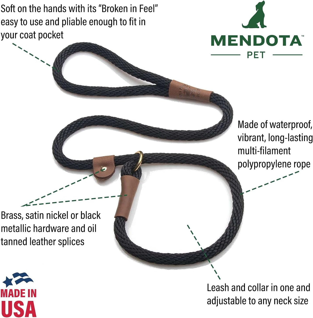 Mendota Pet dog lead and collar combo close up of leather slide