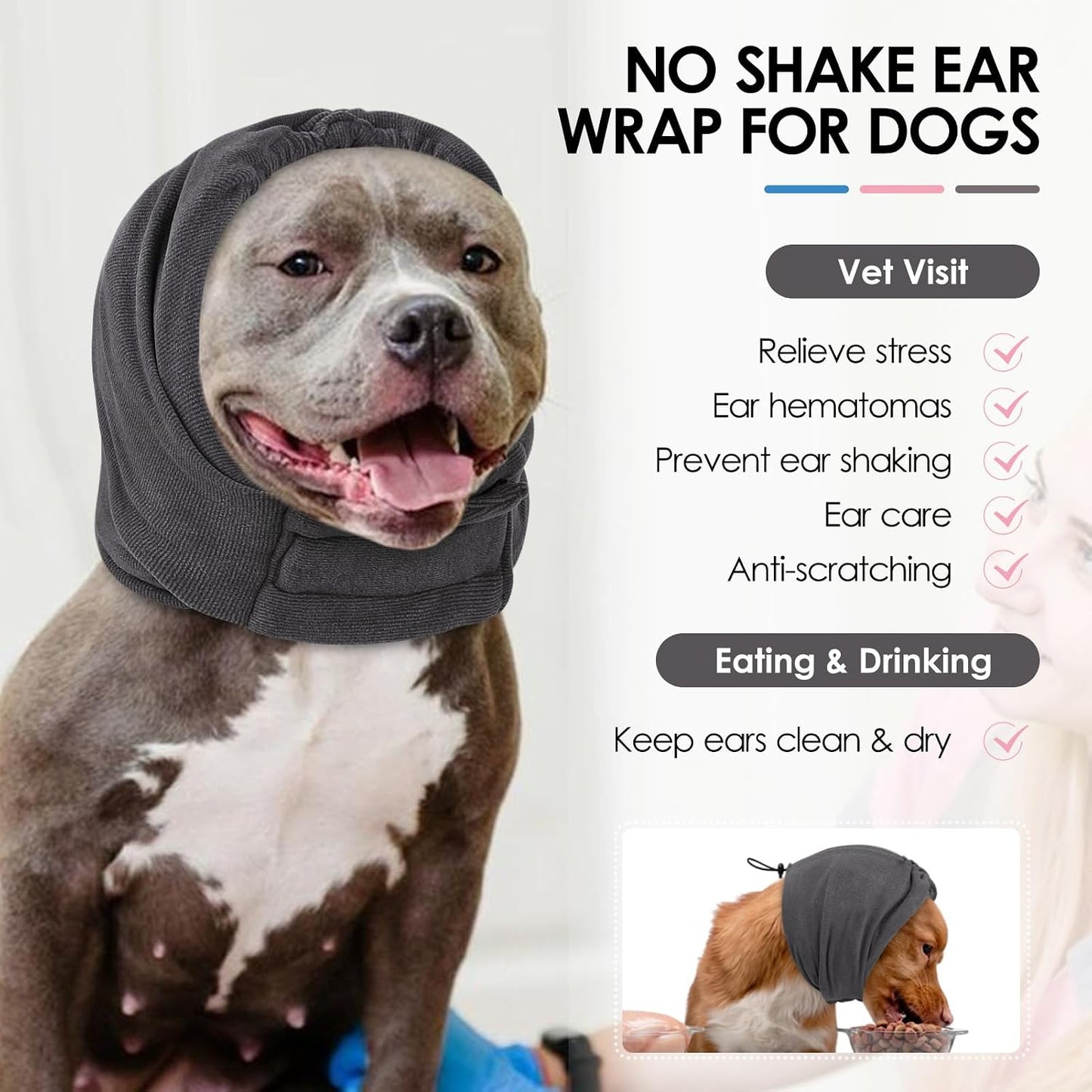 Side profile of a dog wearing the KOESON noise protection wrap during a grooming session.