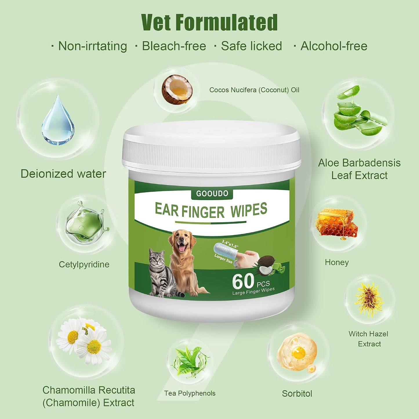 Premium pet grooming wipes container with coconut scent details visible
