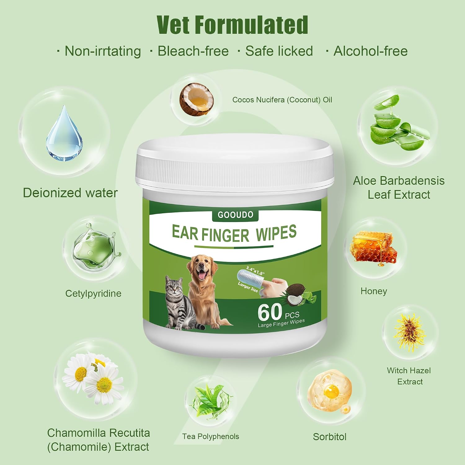 Premium pet grooming wipes container with coconut scent details visible