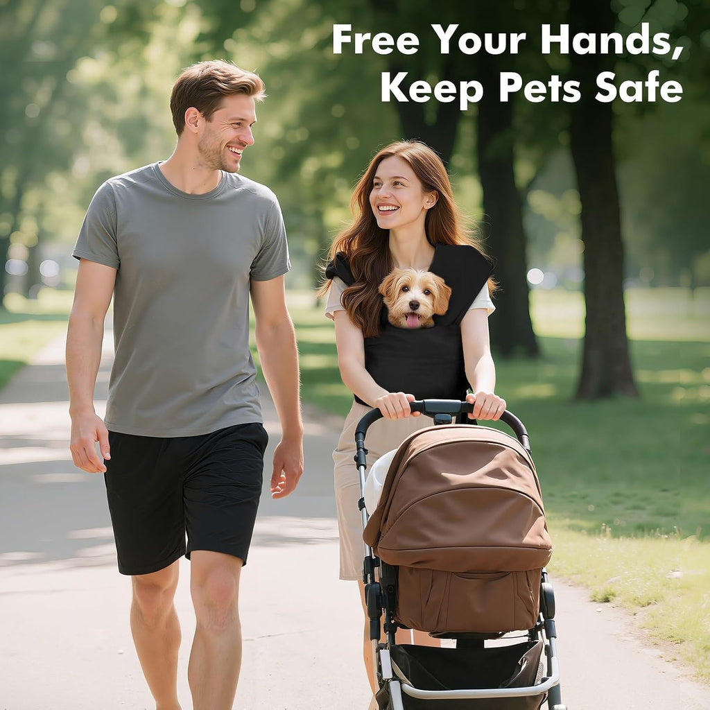 Hands-free dog carrier sling worn by person showing comfort