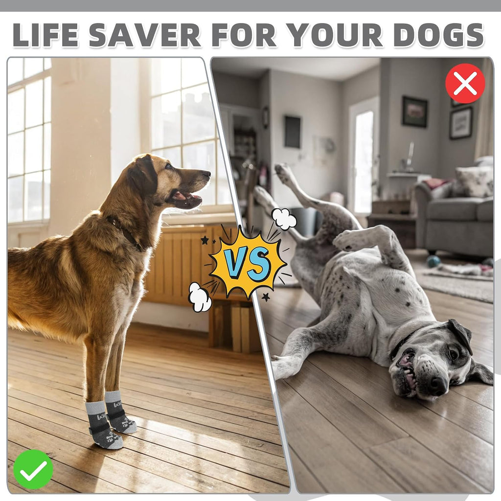 Dog wearing Kooltail anti-slip socks on hardwood floor