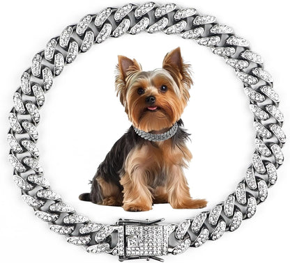 TVTOO Cuban dog chain collar front view showcasing silver diamond link design