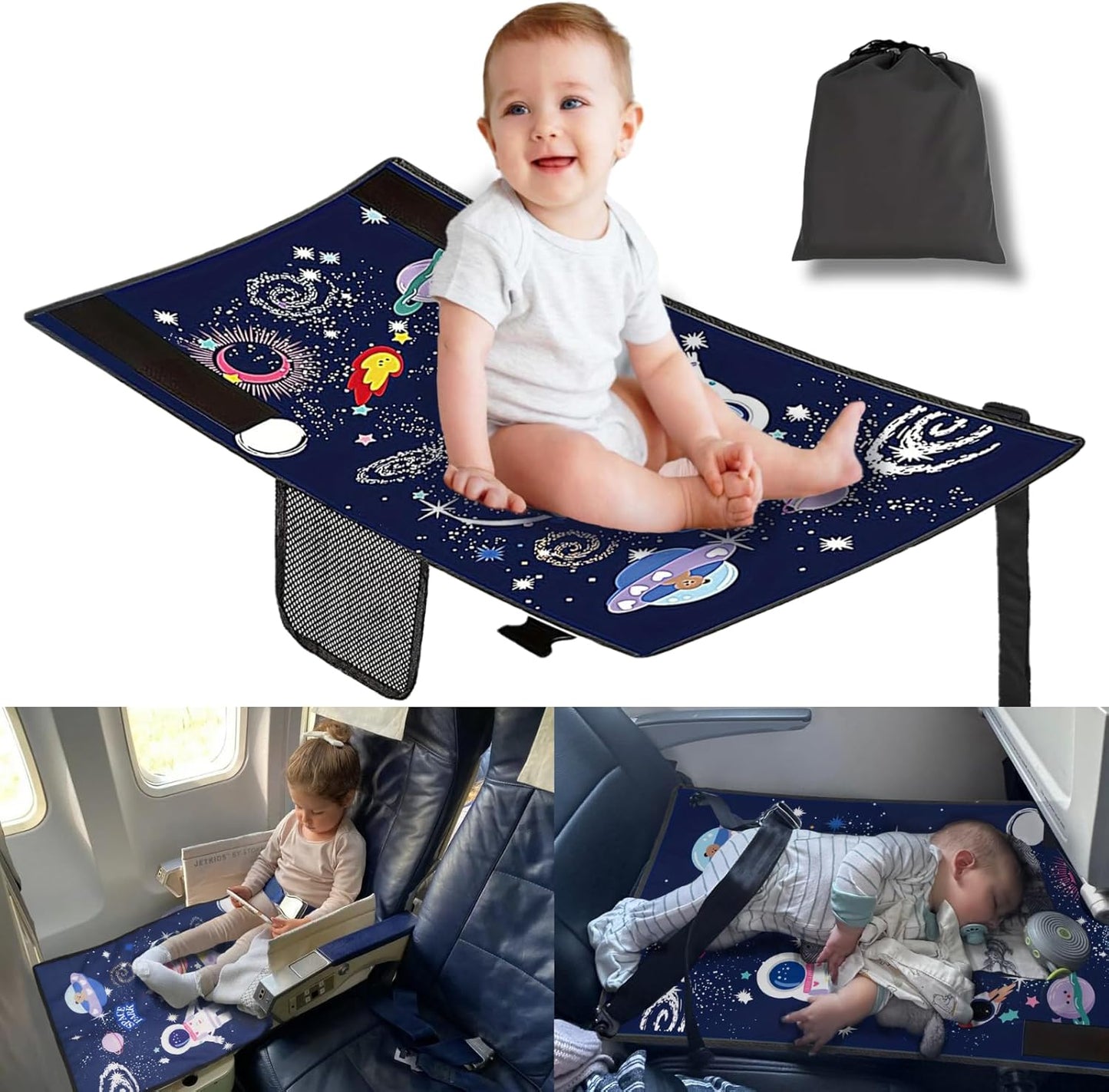 JUELWRY non inflatable toddler airplane bed blue front view shown extended on a flight seat.