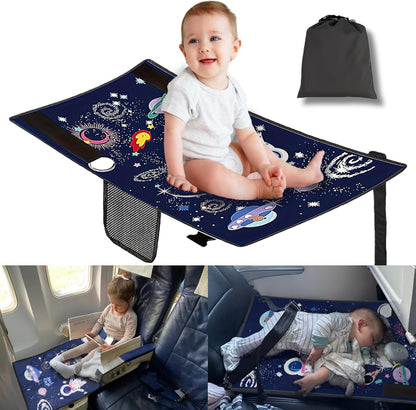 JUELWRY non inflatable toddler airplane bed blue front view shown extended on a flight seat.