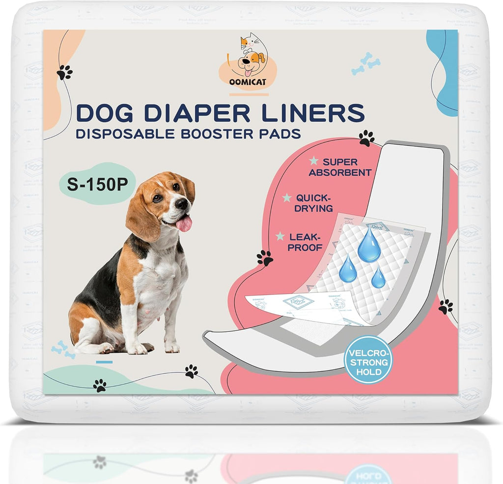 Oomicat dog diaper liners 150 count retail packaging front view showcasing premium booster pads for small pets