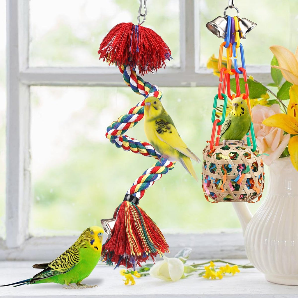 Bird Toys Rope Perch with Bell Colorful Bird Chewing Shredding Foraging Toys Parrot Swing Climbing Standing Hanging Toys Cage Accessories for Conure Cockatiel Budgies Lovebird - Image 2