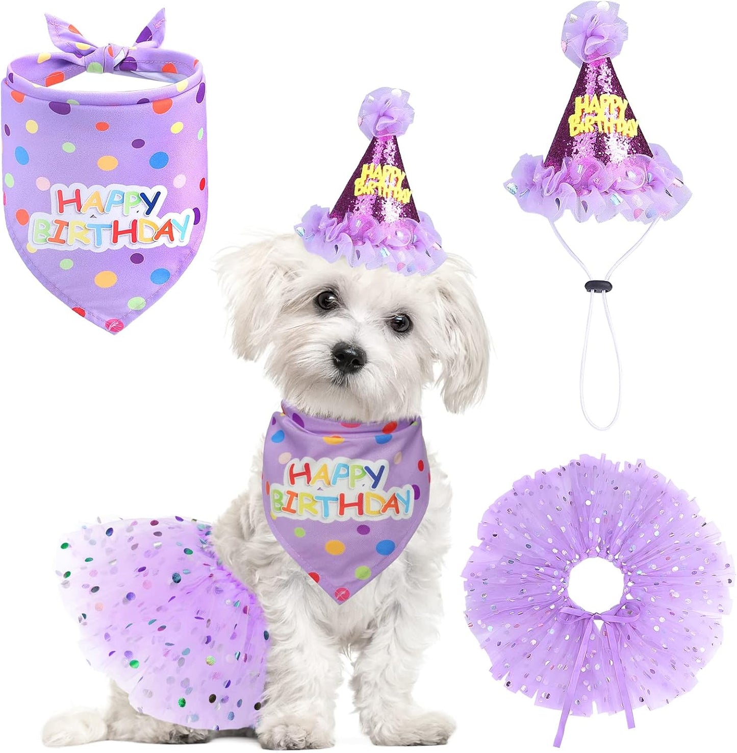 SCENEREAL Dog Birthday Bandana with Hat and Dress Girl Set, Puppy Birthday Party Supplies, Cute Pink Tutu Skirt Outfit for Small Medium Large Dogs - Image 12