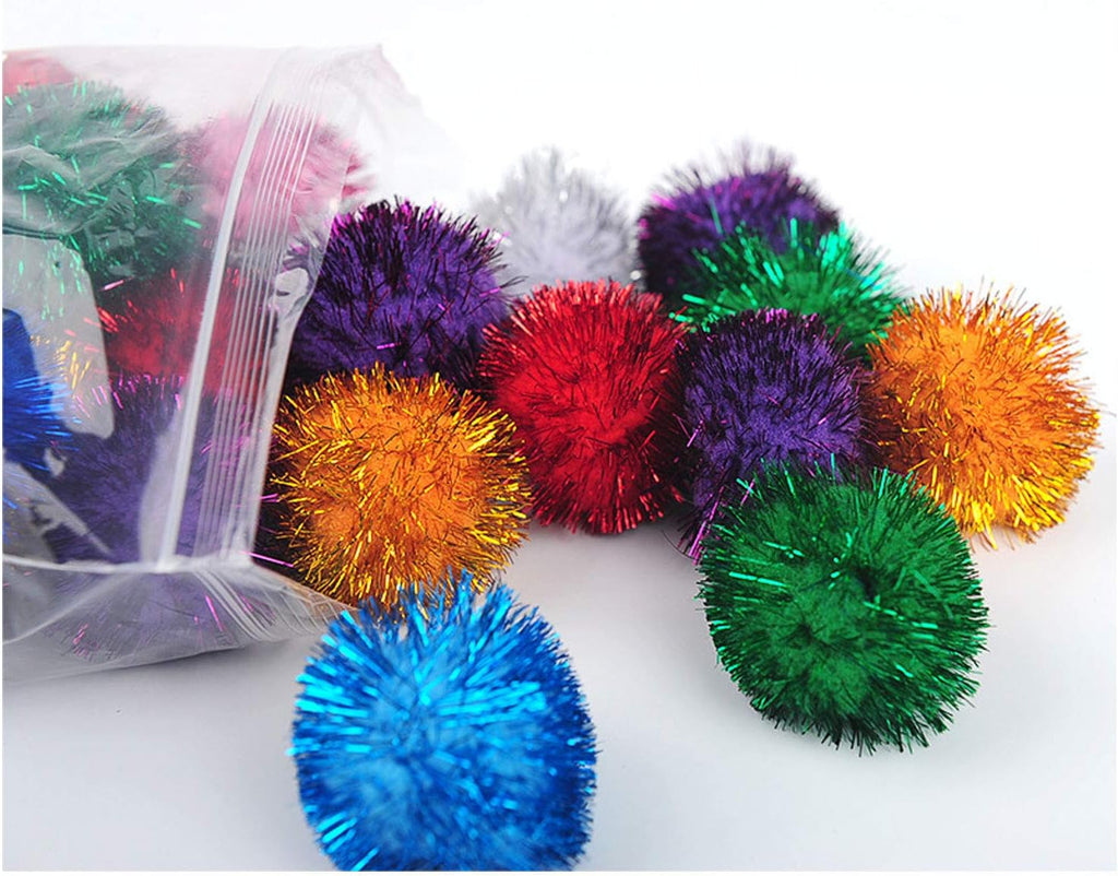 Close up of colorful tinsel fuzzy balls for kittens showing soft polypropylene fiber texture
