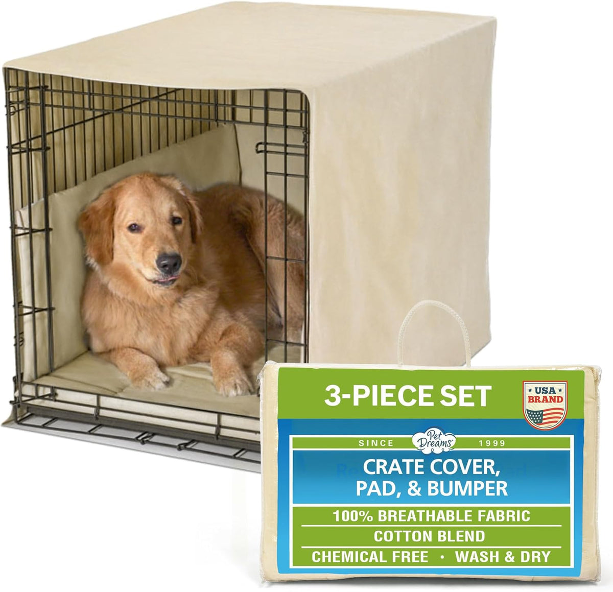 Pet Dreams 3 Piece Dog Crate Bedding Set front view with khaki cover on a wire cage