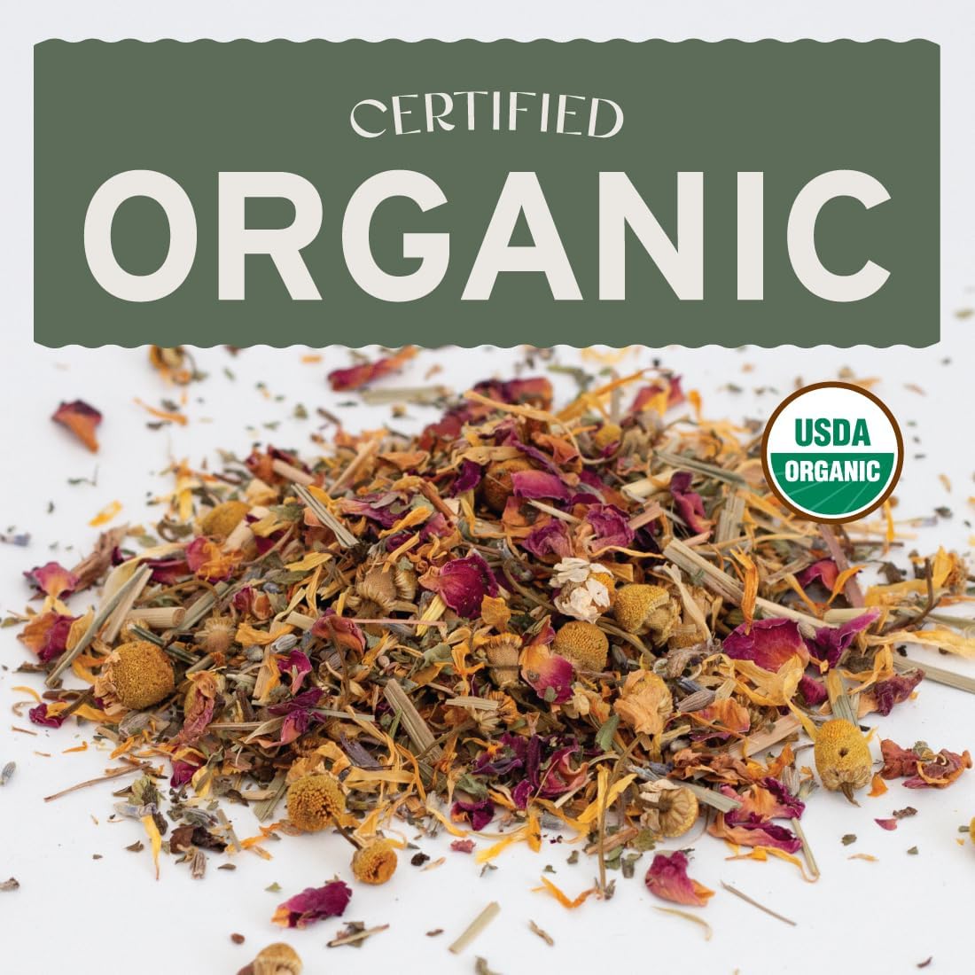 Close up of organic rose petals and lavender in Sassafras and Pumpernickel blend