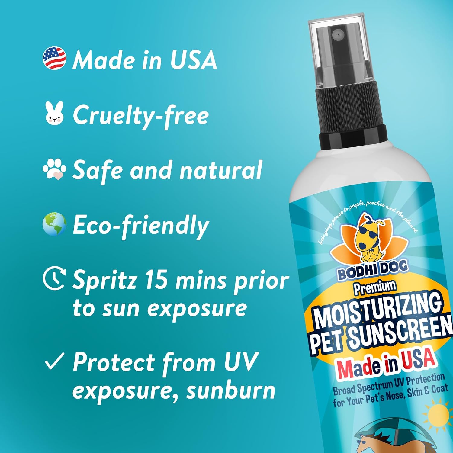 Bodhi Dog pet sun spray bottle displaying SPF 30 plus label