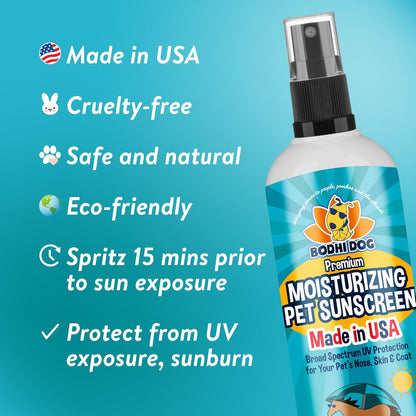 Bodhi Dog pet sun spray bottle displaying SPF 30 plus label