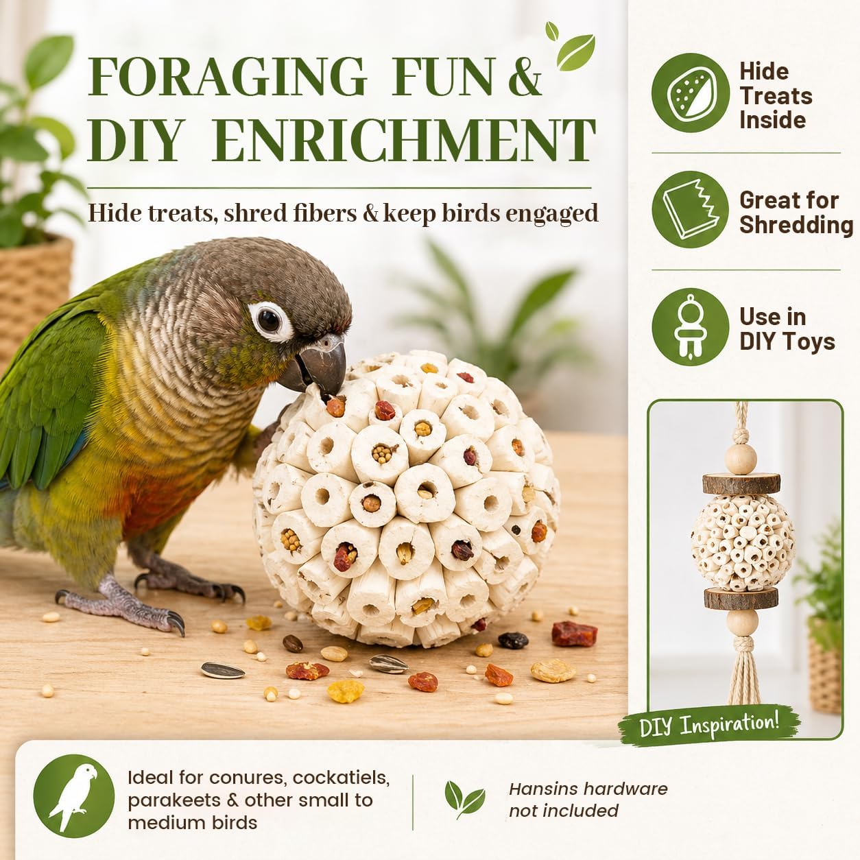Zephyriel parrot chew shred toy sola balls highlighting the lightweight design suitable for cockatiels and parakeets