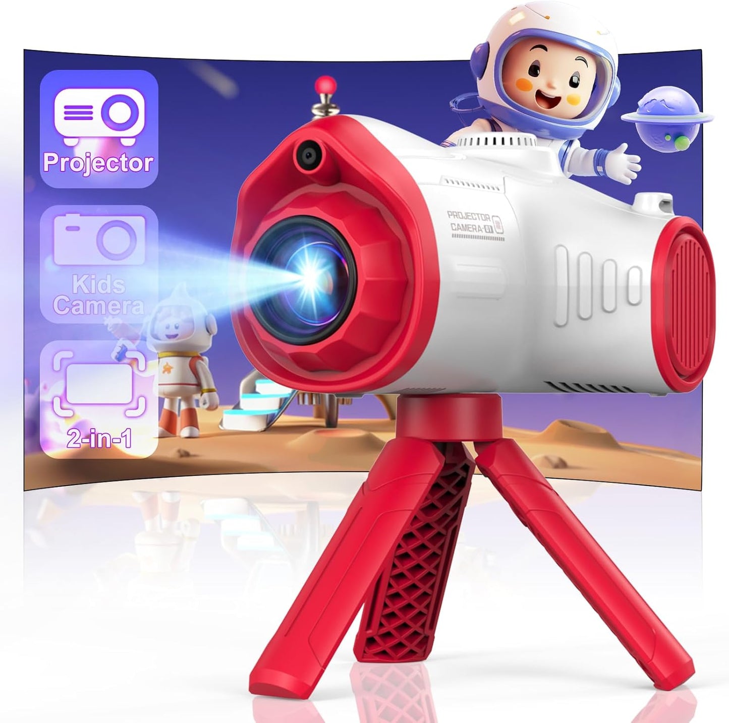 Usteetic kids digital projector camera authentic front view in red spaceship design