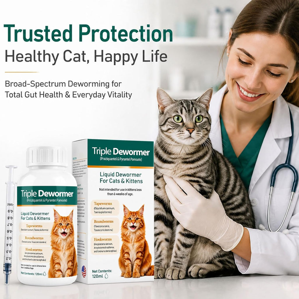 Broad spectrum 120 mL cat dewormer syrup package text demonstrating tapeworm and hookworm treatment