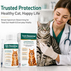 Broad spectrum 120 mL cat dewormer syrup package text demonstrating tapeworm and hookworm treatment