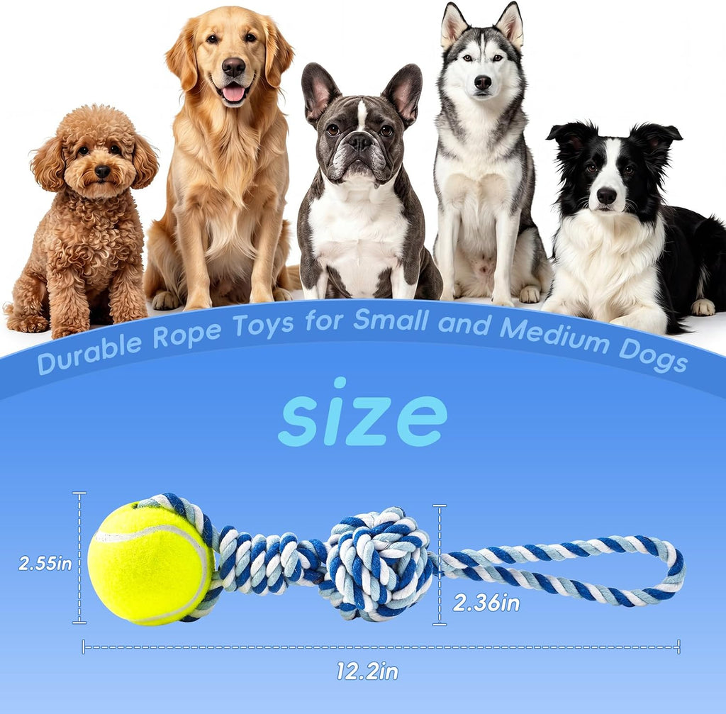 Braided cotton dog chew rope with yellow tennis ball and single knot