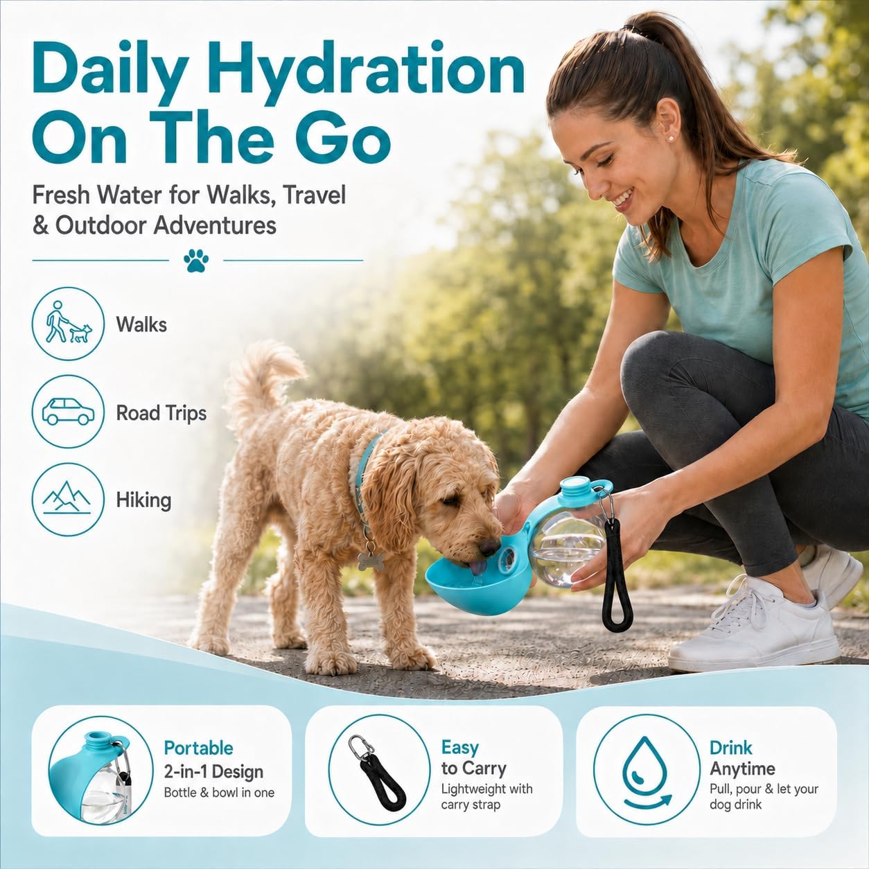 Side angle of the blue silicone collapsible dog container illustrating its compact travel-friendly profile
