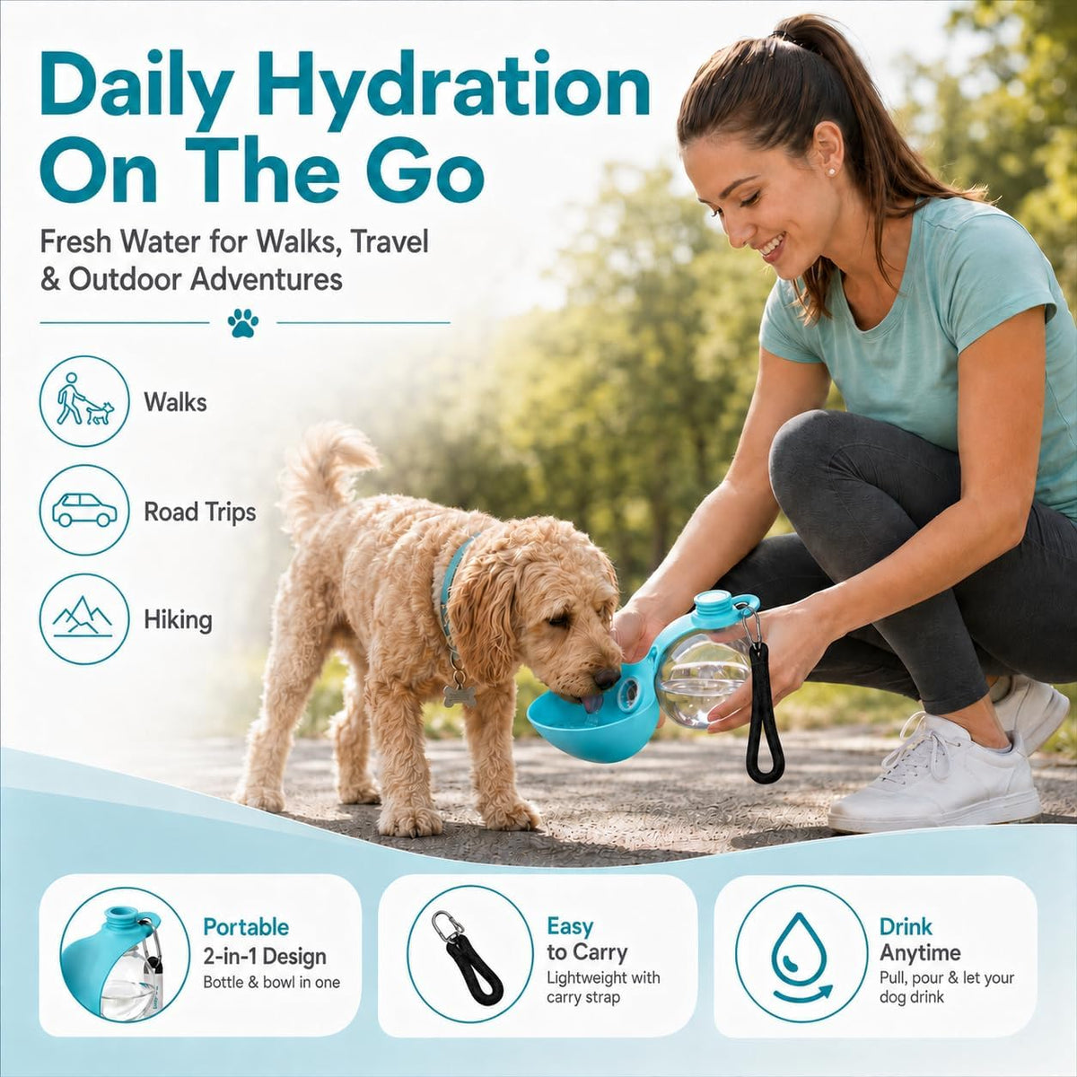 Side angle of the blue silicone collapsible dog container illustrating its compact travel-friendly profile