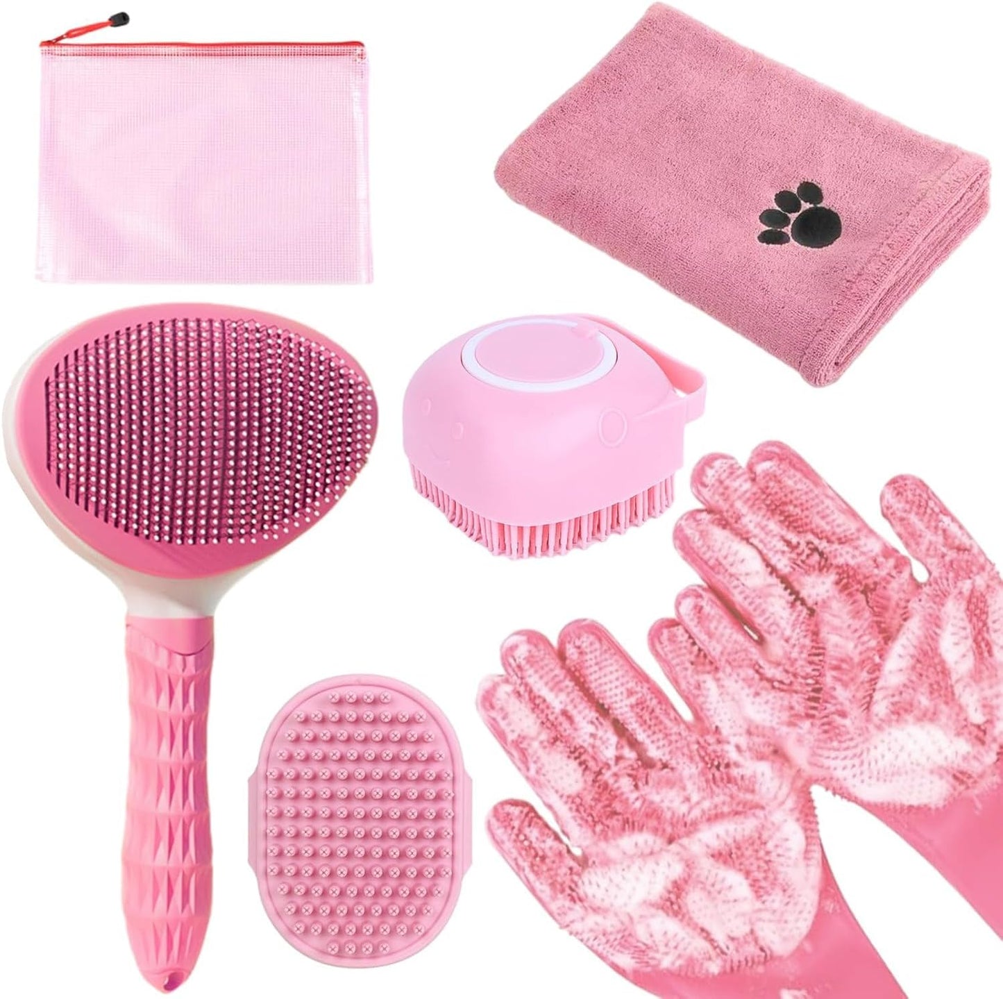 KUEIOX pet bath grooming kit front view showing pink hair brush and accessories.