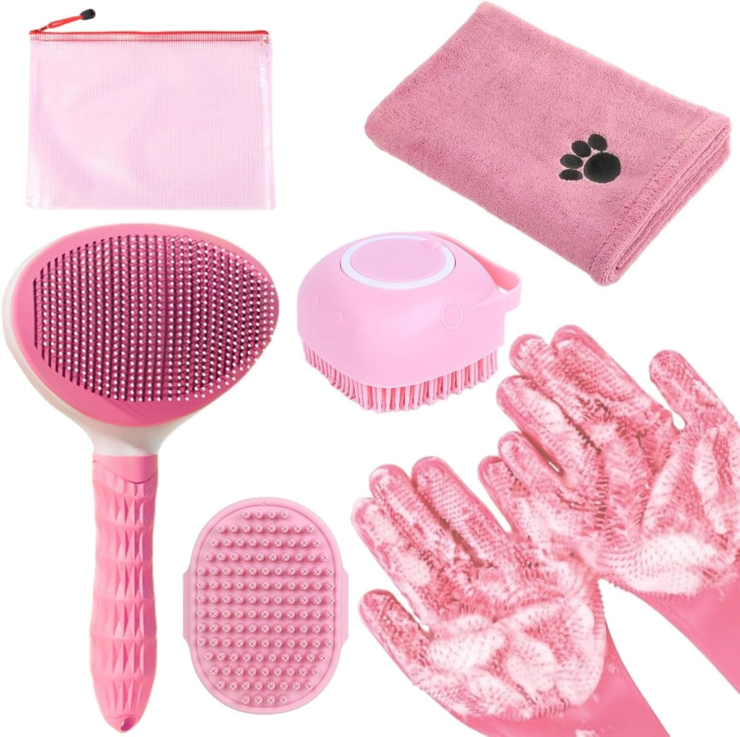 KUEIOX pet bath grooming kit front view showing pink hair brush and accessories.