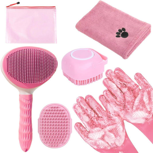 KUEIOX pet bath grooming kit front view showing pink hair brush and accessories.