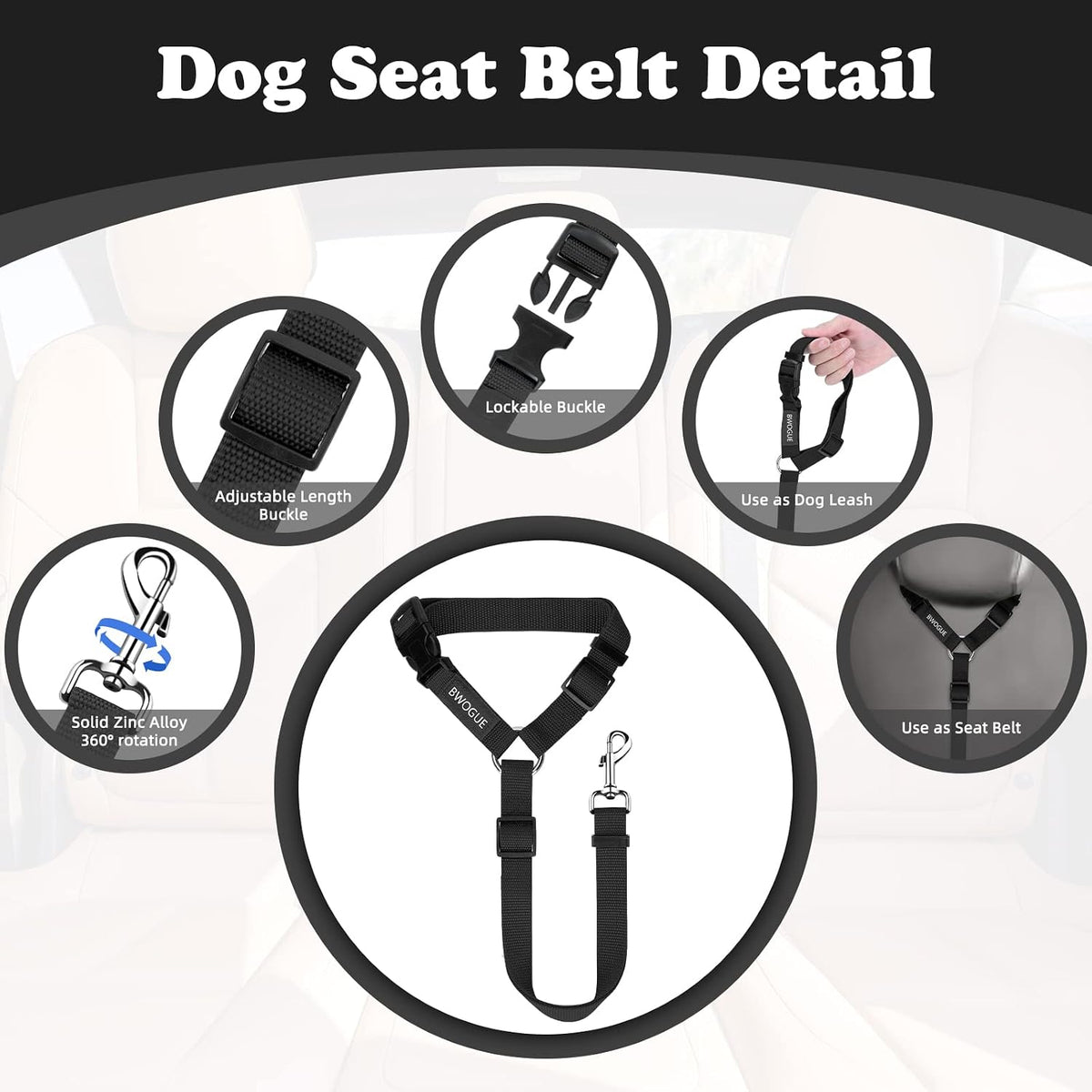 Bwogue pet safety seat belt with zinc alloy snap