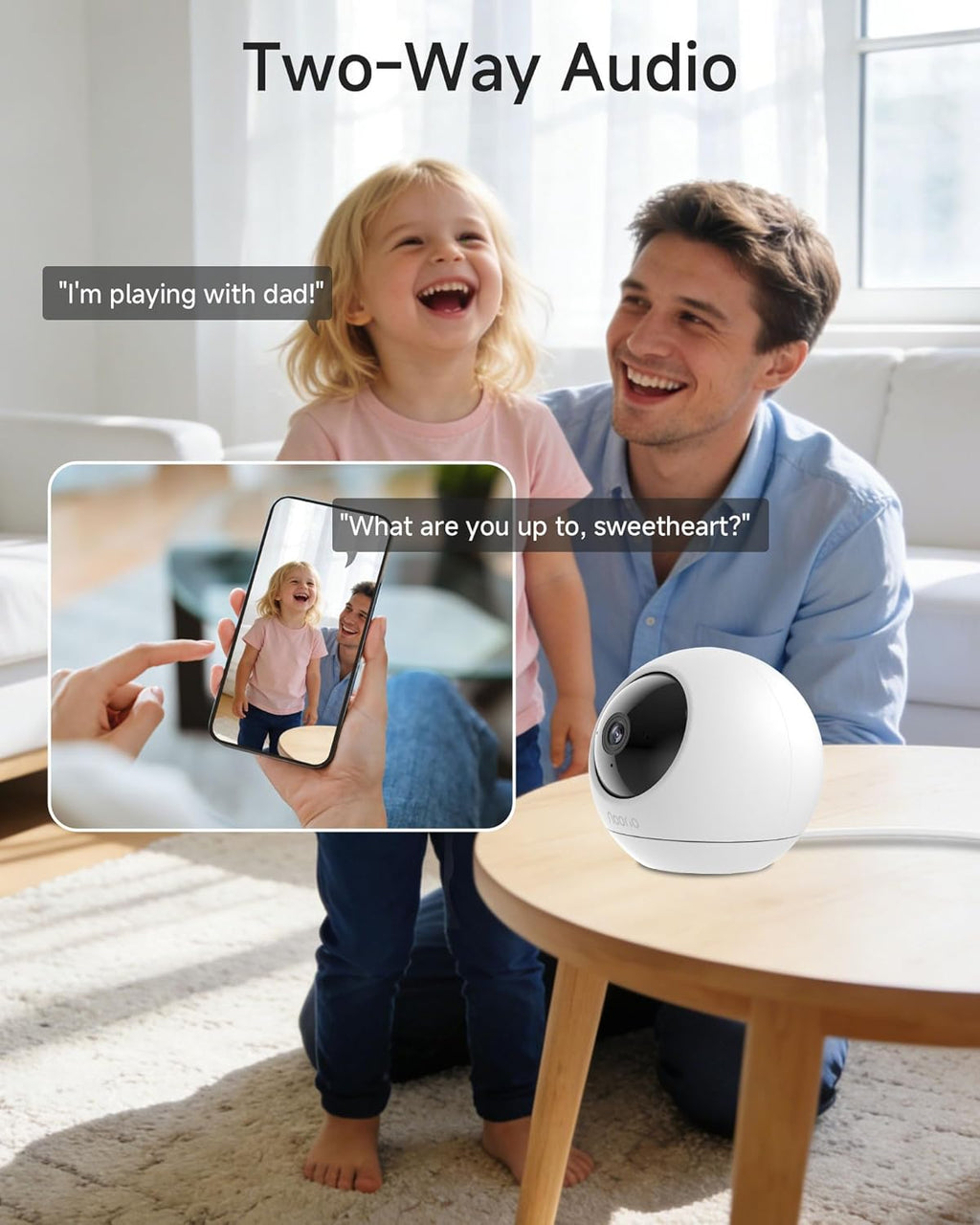 Noorio dual band 5GHz home camera showing packaging box details and included power cable