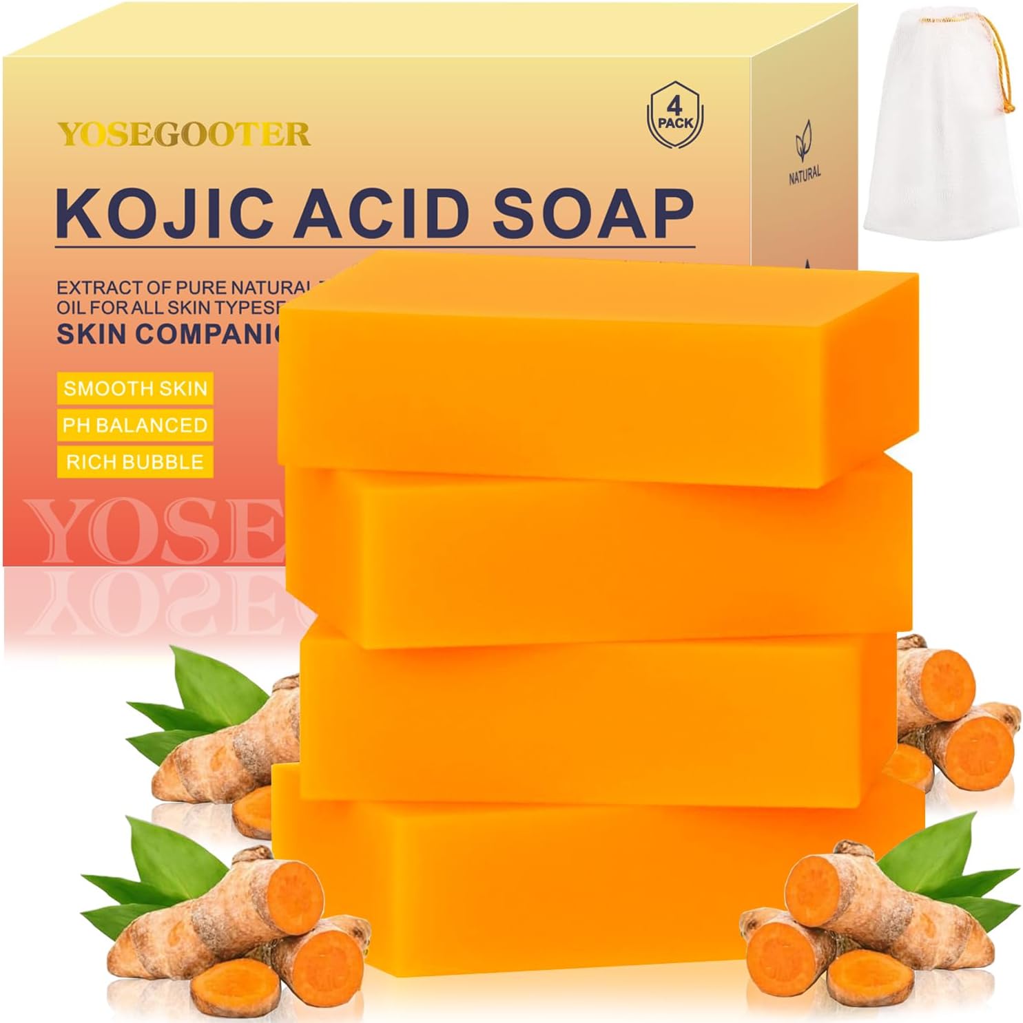 Yosegooter kojic acid and turmeric soap four pack front view for dark spot removal